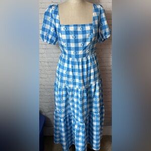 NWT Small Blue & White Checkered Gingham Floral Maxi Dress Puff Sleeve Midi 90s